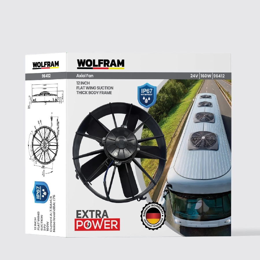 Aksiyel Fan 12 İnch 5 Düz Kanat IP67 Geniş Kasnak 24V 160W | OEM 96412
