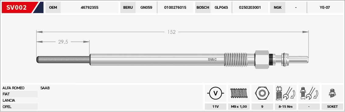 Kizdirma Bujisi 11 V Alfa 147 156 159 166 Brava Croma Astra Signim Vectra Zafira 1,9JTD / 2,4 Jtdm | SVAC SV002 | OEM 46792355