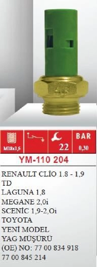 Clio 1,8-1,9TD, Laguna 1,8, Renault Megane 2,0i Scenic 1,9-2,0i, Toyota Yeni Model Yağ Müşürü | OEM YM-110204