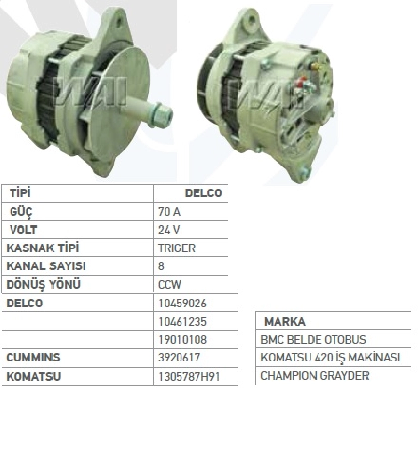 Alternatör 24V 70A Delco Tipi DİNAMO1 22 Serisi Komatsu 420 İş Makinası Dev Fatıh, Belde, Cat, Cumminscham | OEM WUT.1101.0008