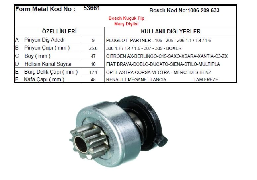 Marş Dişlisi 9D - Bosch Tipi Peugeot 106-206-306 Partner-Boxer, Citroen Berlingo, Marea | OEM 53661