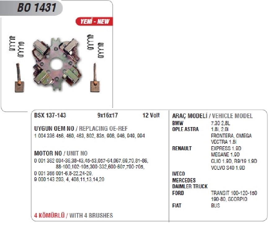 Marş Kömür Yuvası 60.46, 60.65, 60.66, 60.90 1984-1988 Same 70, 80, 90 (Uygun Kömür: Bsx 137-143) | OEM BO1431