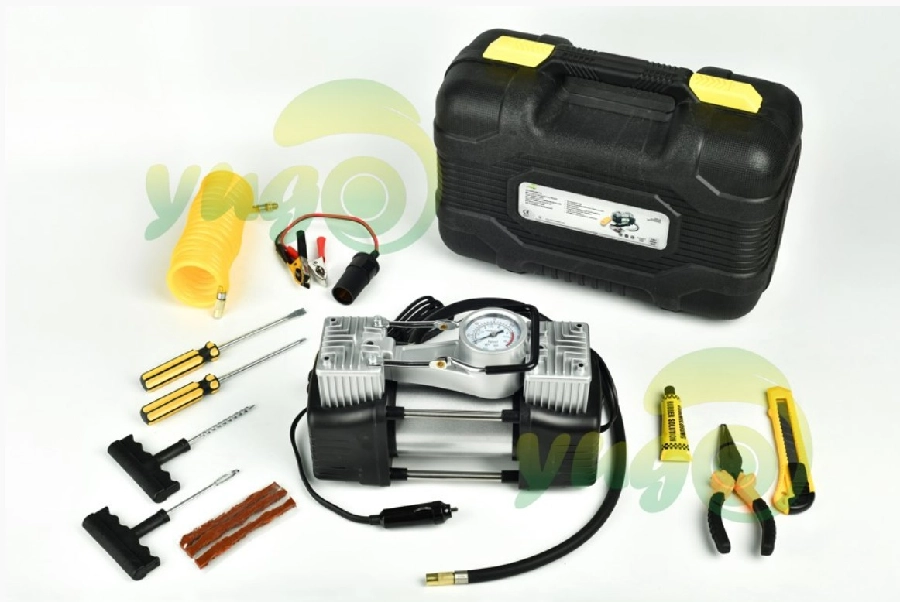 Hava Kompresörü Metal 12V Profesyonel Jumbo Çift Pistonlu Çanta + Maket Bıçağı + Lastik Tamir Kiti | OEM 09002