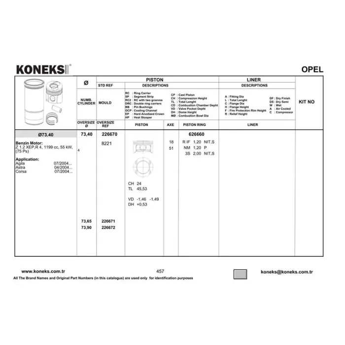 Piston+Segman 73,4MM Std Corsa C - Astra H Z12XEP | KONEKS 226670 | OEM 8773451S