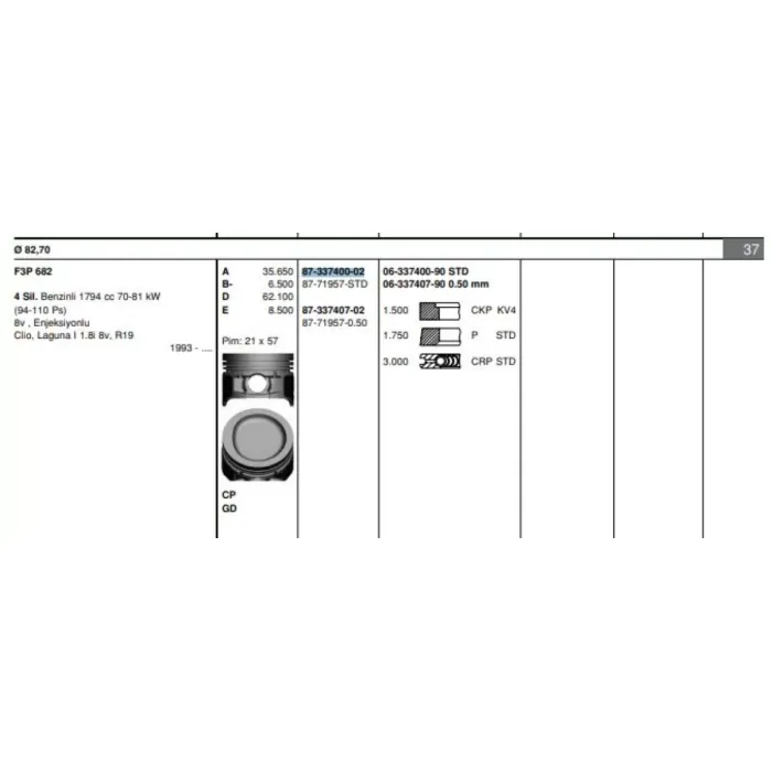 Motor Piston Segman Laguna I 1,8I 8V F3P (Std) | GOETZE 8771957STD000G | OEM 7701685393
