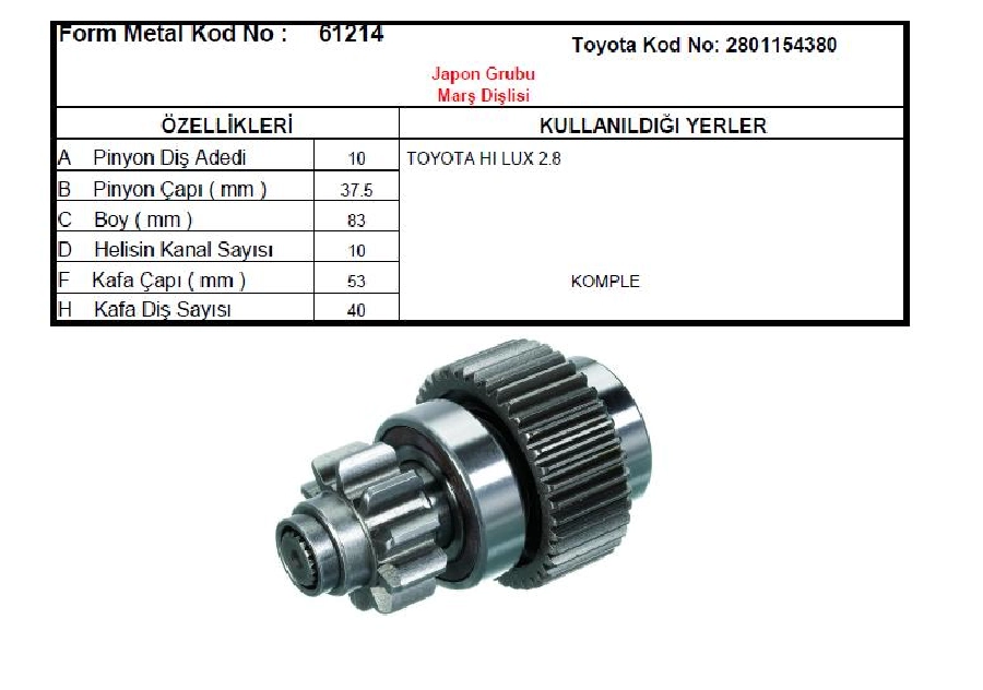 Marş Dişlisi 10D Denso Tipi Toyota 2.4D - Hıace 2.8D Çift Kabin Toyota Hilux 2.8 - Dyna Forklift | OEM 61214