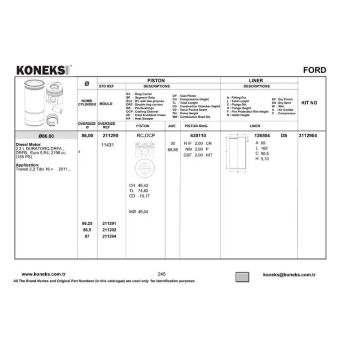 Piston+Segman 86,00MM Std Transit EURO5 2.2TDCI V347 - V362 - V363 - Ranger 2.2 155PS Boxer - Jumper 130PS | KONEKS 211290 | OEM BK2Q 6105 EAA 9800484180