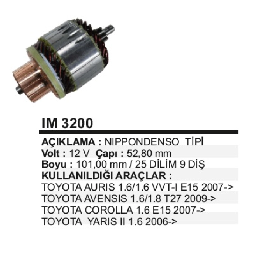 Marş Kollektörü 12V 9D N Denso ÇAP:52,80mm BOY:101mm 25 Dilim Corolla, Aurıs, Yarıs 2007 ve sonrası | OEM IM3200