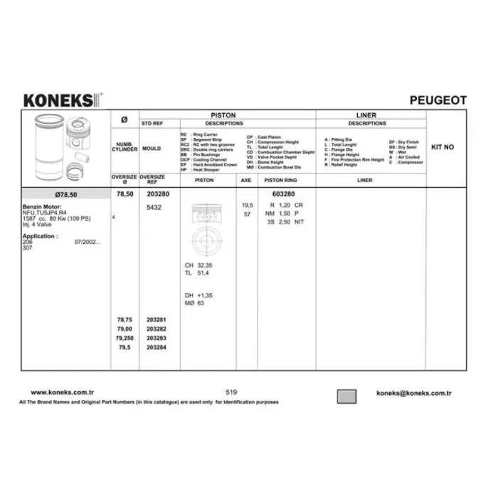 Motor Piston Segman P307 P206 Partner 2 Berlingo 2 C3 C4 TU5JP4 (1,6 16V) 78,50MM (Std) | KONEKS 203280 | OEM YENMAK 4929-STD