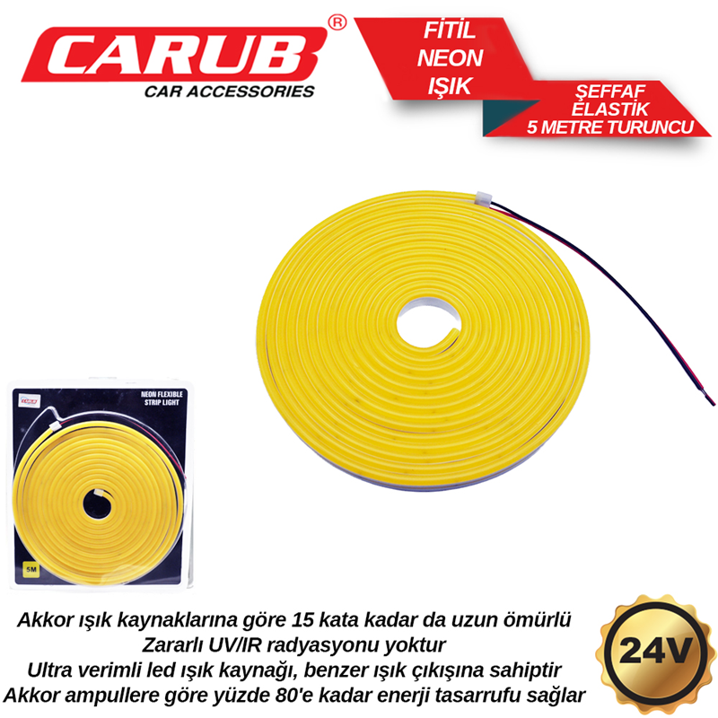 Carub 24V 5MT Fitil Neon Şeffaf Elastik