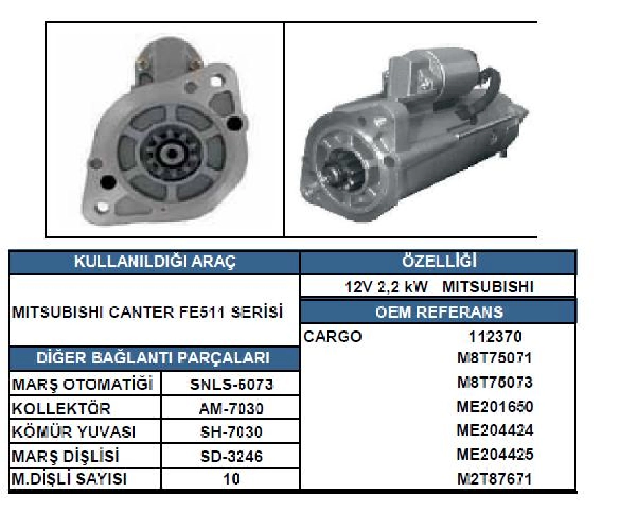 Marş Motoru 12V 10D 2,2 kW Mitsubishi Tipi Mitsubishi Canter 35, Forklift | OEM STR1003