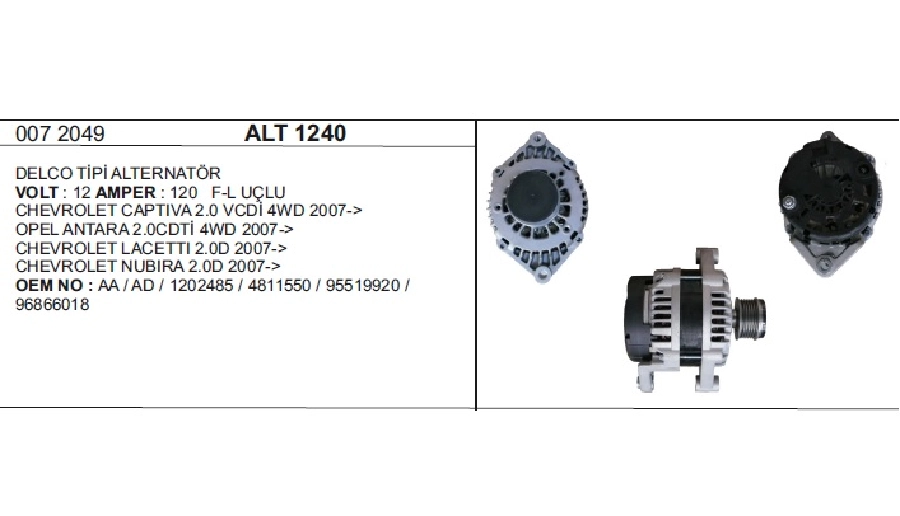 Alternatör 12V 120A Delco Antara, Captıva 2,0 Dizel | OEM ALT1240