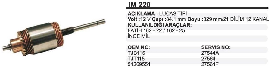 Marş Kollektörü 12V (554) - Fatih 162-22, 162-25 İnce Mil | OEM IM220