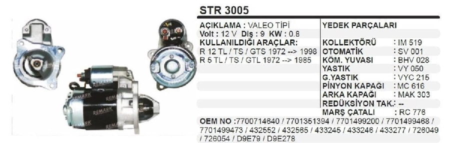 Mars Motoru 12V 9 Dış 0.8 kW Valeo Tipi Renault 12 Tl Ts Gts 72-98 R5 Tl Ts Gtl 72-85 | OEM PRS-STR3005