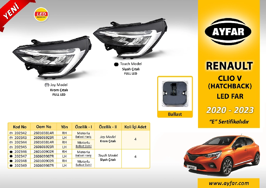 Far Sağ R. Clio V Hatchback 2020-2023 Krom Çıtalı Motorlu Ballast Beyin Dahil Joy Model 260606923R | OEM 202345