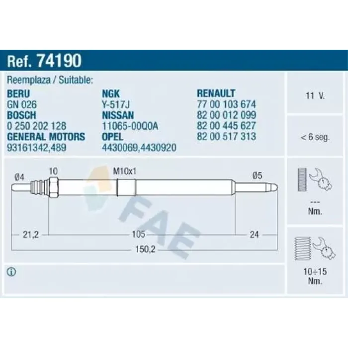 Kizdirma Bujisi Espace Laguna Master 2 Trafic Movano 2,2 / 2,5DCI | FAE 74190 | OEM 11065-00Q0A