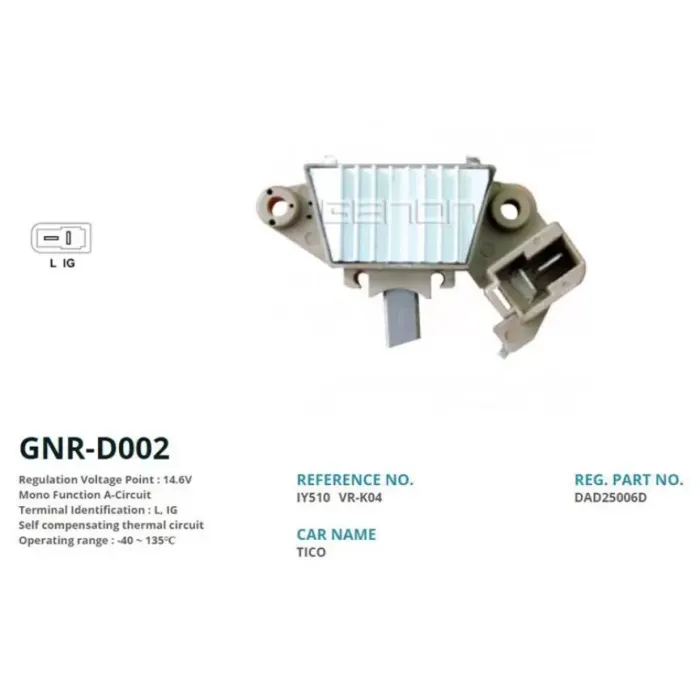 Alternator Konjektor Delco Tip 12V Daewoo Tico - Damas / Mercury Marine / Kia 75 Amp Dik Fis (L, Ig) | GENON GNR-D002 | OEM VR-K04 IY510 DAD25006D