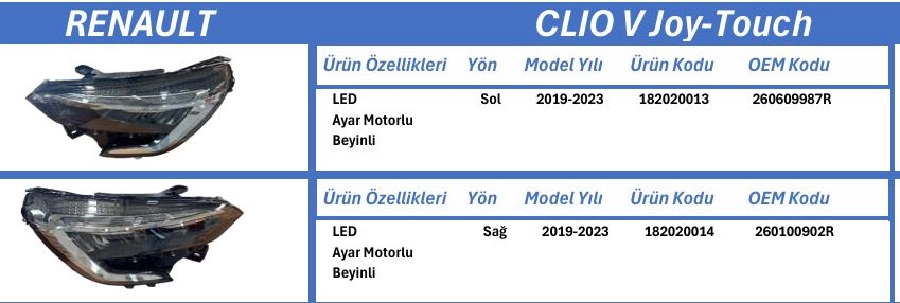 Clio V, 2019-2023, Joy-Touch, LED, Ayar Motorlu, Beyinli, Sağ Far E Belgeli 260100902R | OEM 182020014