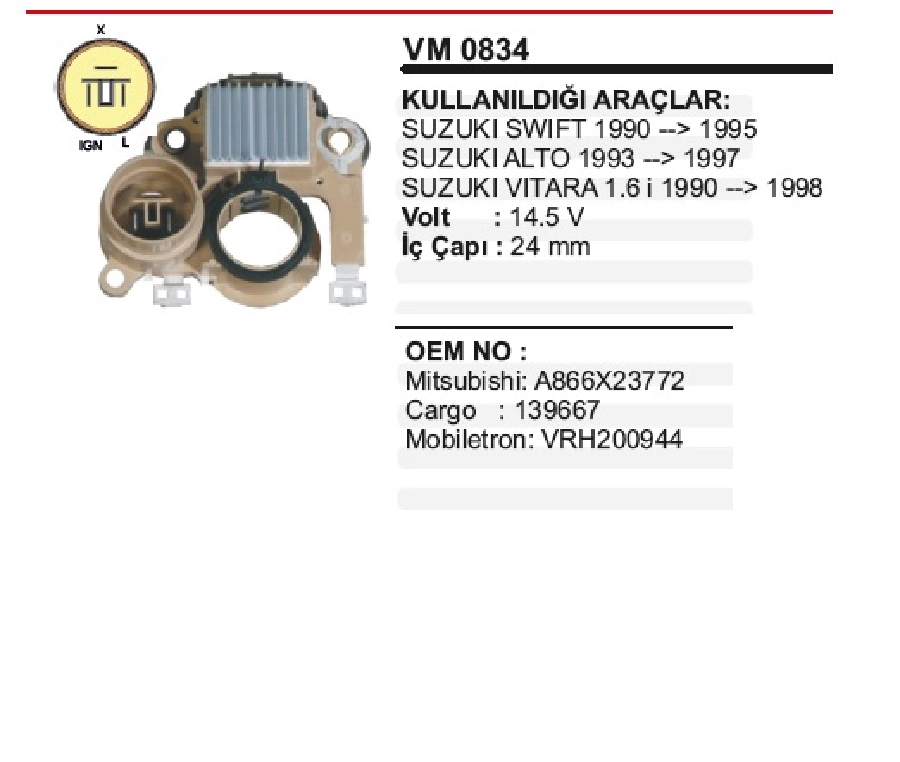 Konjektör 12V Chevrolet, Geo, Suzuki Swift, Alto 24MM | OEM VM0834
