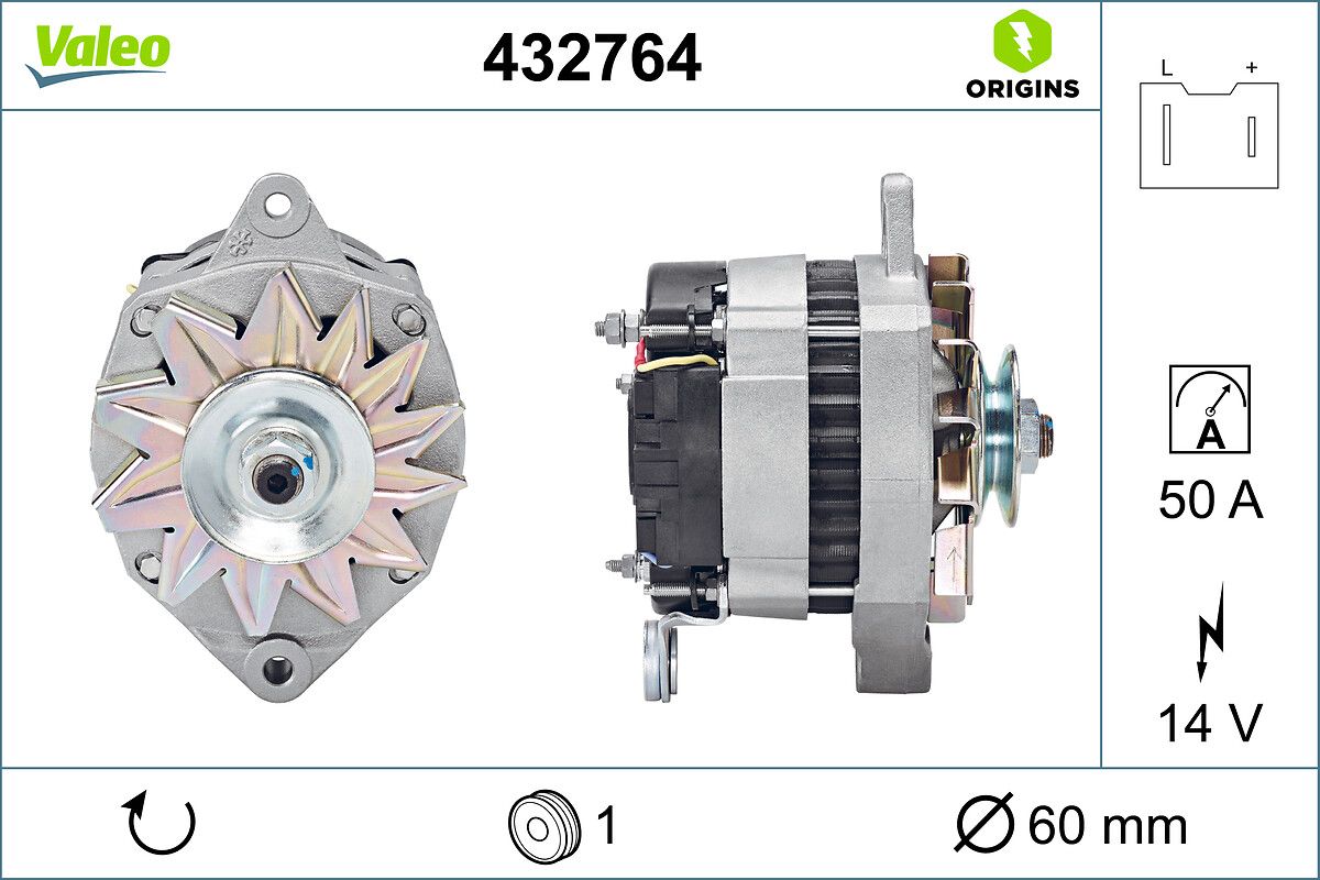 Alternator 12V 60 A Clio Kangoo R9 R19 R21 Trafic Master 1,7 / 1,8 / 2,0 | VALEO 432764 | OEM 6006000433 6006000433 7700751442 7700754831 7700751442 7700754831