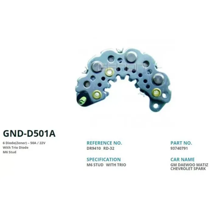 Alternator Diot Tablasi Delco Tip Daewoo Matis / Chevrolet Spark Ikaz Diot (6 Diot) M6 | GENON GND-D501A | OEM RD-32 DR9410 93740791