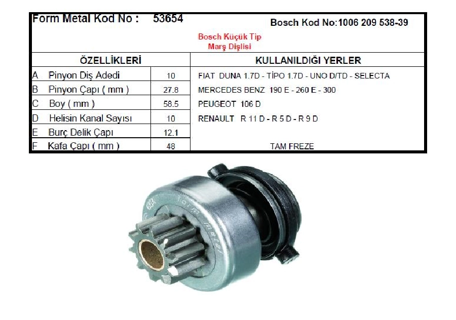 Marş Dişlisi 10D-10K - Bosch Tipi Renault 9-11 Express, Tipo, Fiorino, Uno, Peugeot 106 D, Opel, Mercedes Be | OEM 53654