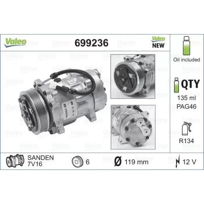 Klima Kompresoru P206 1,4HDI P406 Xantia P306 Xsara P806 Evasioan Boxer II Jumper II 2,0HDI 2,0 16V | VALEO 699236 | OEM 6453EY 6453EY 6453FE 6453GA 6453FE 6453GA