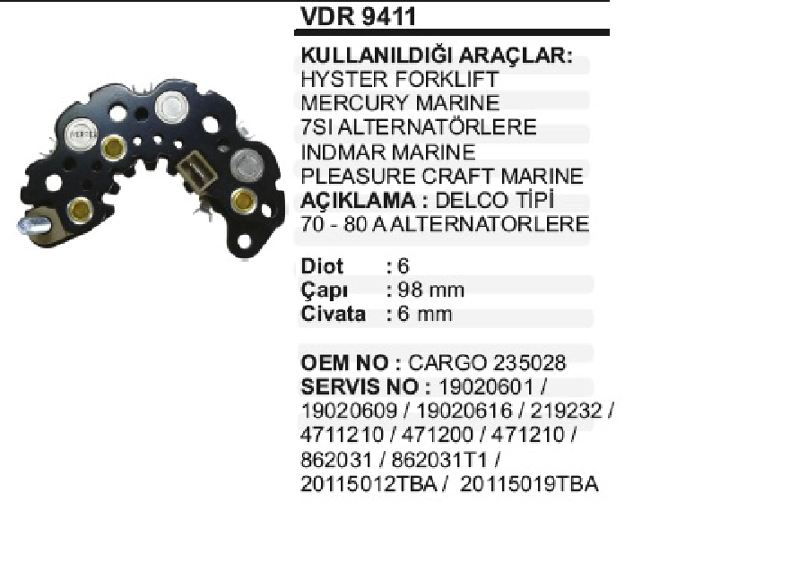 Diyot Tablası Delco Hyster, Mercury Marine 7SI | OEM VDR9411