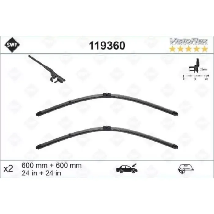 Silecek Supurgesi On Takim Swf (600MM / 600MM) Transporter T5 T6 03>15 | VALEO 119360 | OEM 7H5955425
