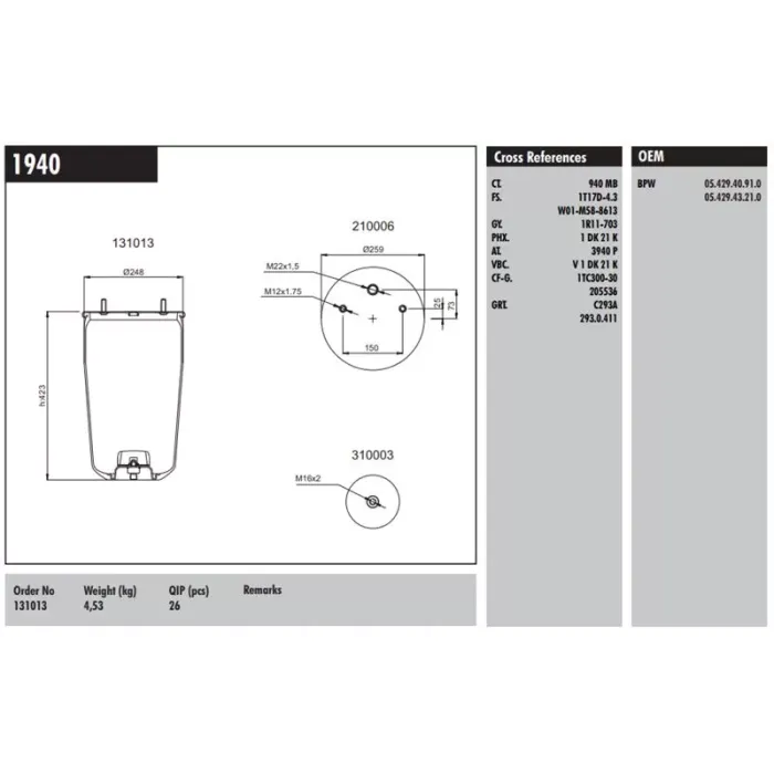 Dingil Korugu (Pistonsuz) - Kassbohrer / Schmitz / Bpw Dorse 30K | CONNECT MD 1940 | OEM 0542940910 3940P 940MB 0542943210 2406164