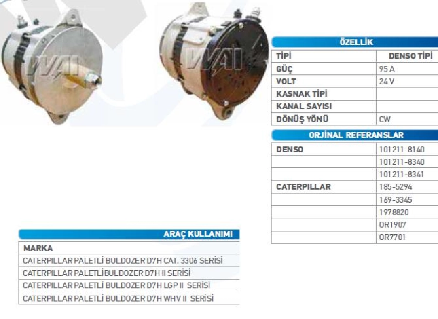 Alternatör 24V 95A. N Denso Tipi Caterpillar 2000 Dozer 924G, Lastik Tekerlekli Loader Kömürsüz ALT12670 | OEM WUT.1101.0013