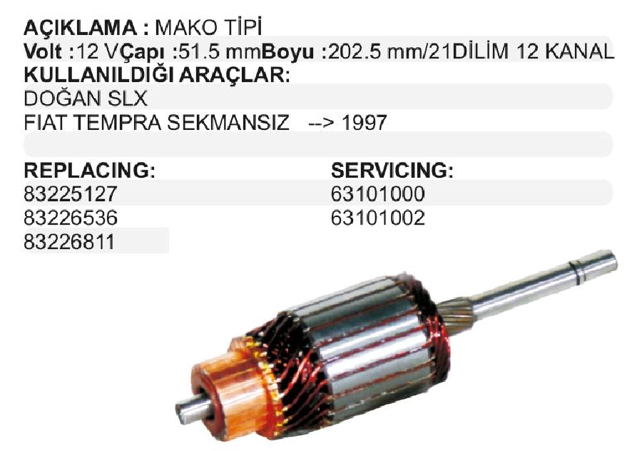 Marş Kollektörü 12V Sekmansız - Doğan Sl, SLX-Kartal Sl, SLX-Tempra-Uno 1997 ve sonrası BOY:202.5 CAP:51.5 Dilim:21 | OEM 83225127