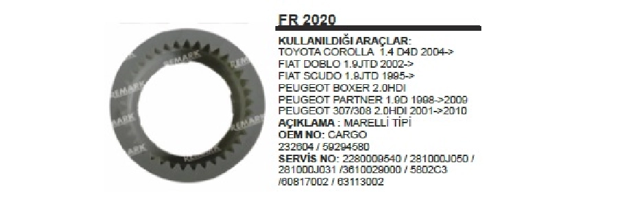 Redüktör Fiberi Marelli Tipi. Corolla, Doblo, Scudo 1,9, Peugeot Partner 307-308 2,0 HDI | OEM FR2020