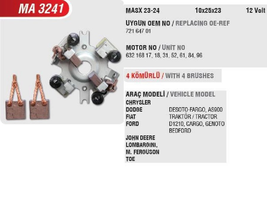 Marş Kömür Yuvası 12V Ub-Kf Tip - Büyük Marş Desoto, Fargo, Dod AS900, Bedford (Uygun Kömür: MASX23, 24) | OEM MA3241