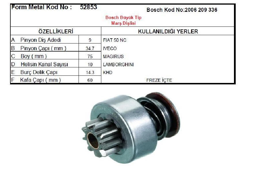 Marş Dişlisi Bosch Tip 9D-10K - Magirus Minibüs-Fiat 50NC-Lamborghini-Khd | OEM 52853