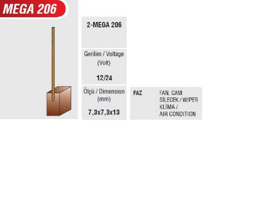 Klima Kömürü 12V-24V Faz-Fan, Cam Silgi | OEM MEGA206