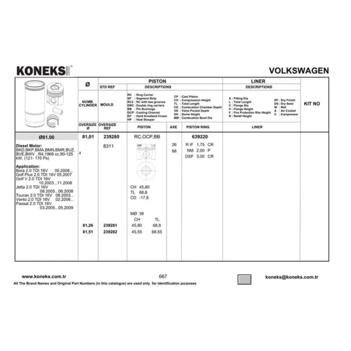 Piston+Segman (81,01mm Std) 2,0 TDI Caddy III Eos Golf V / Plus Jetta III Passat Touran A3 A4 A6 Lancer Altea Leon Toledo III Octavia Superb Bkp Azv Bkd Blb Bma Bmm Bmn Bmr Bna Bre Brf Buy Buz Bvg 03>> | KONEKS 239280 | OEM 03G107065 03G107065