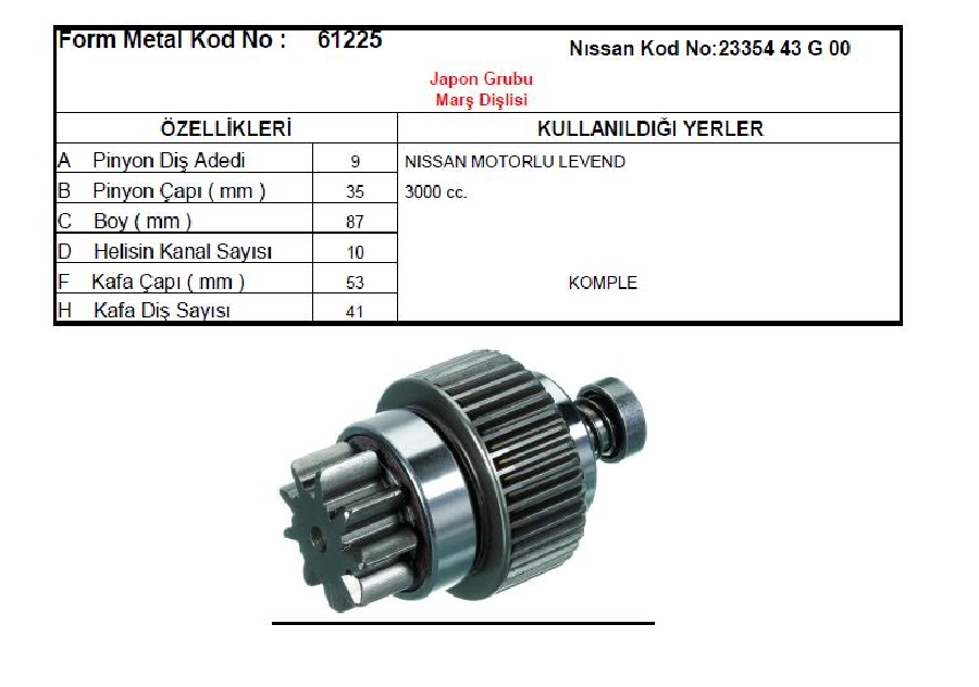 Marş Dişlisi 2 Bilyalı 9D - Hitachi Tipi Levend, Nissan 3000 | OEM 61225