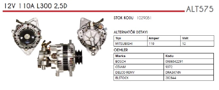 Alternatör 12V 110A Mitsubishi Tipi L300 Klimalı 2.5D Td 1998 ve sonrası Vakumlu Tip Çift Kasnak Oval Soket | OEM ALT575