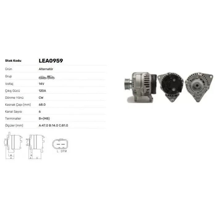 Alternator 12V 120A Iveco Daily Turbo 2 Peugeot Premier J10 14> (Bosch Tipi) | LUCAS LEA0959 | OEM 500335719
