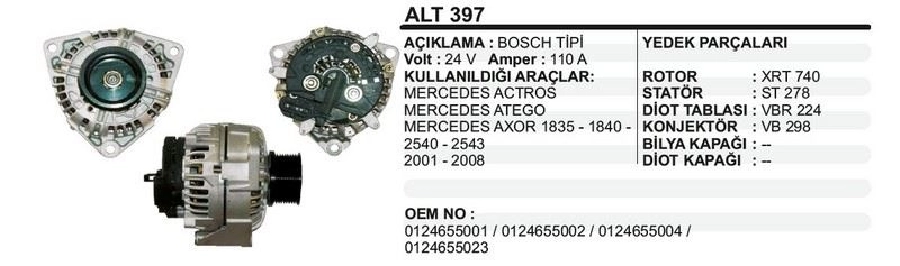 Alternatör 24V 110 .Bosch Tipi Actros, Atego, Axor 1835, 1840, 2540, 2543 2001-2008, 8 Kanallı Kasnak | OEM ALT397