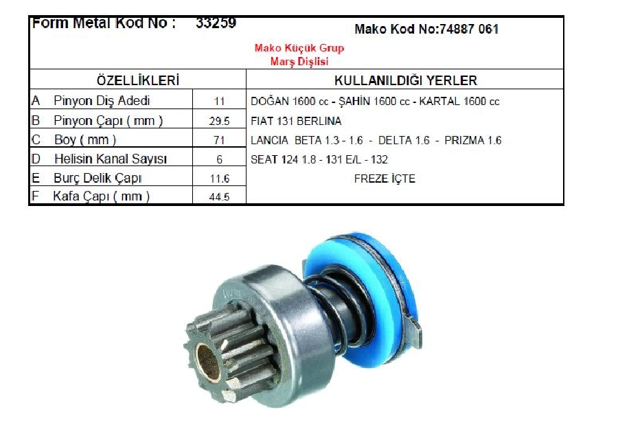 Marş Dişlisi Mako Tip 11D - Doğan-Kartal-Şahin | OEM 33259