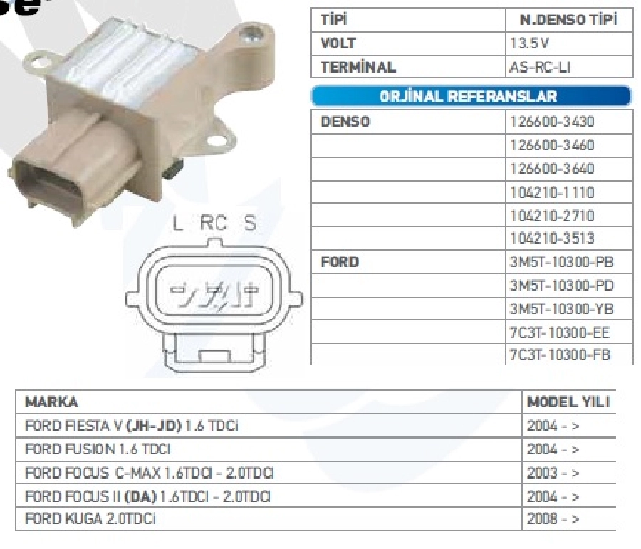 Konjektör Nippon Denso Tip 12V.(14.5V) Ford Focus, C-Max 1.6TDCI (03-07), Focus 2 1.6TDCI, 2.0TDCI (0 | OEM TRS.YR.IN6343