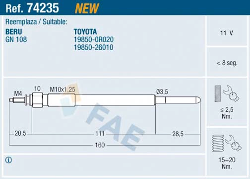 Kizdirma Bujisi 11V Toyota Auris Avensis Corolla Rav 4 2.0 2.2 D-4D | FAE 74235 | OEM 19850-0R020