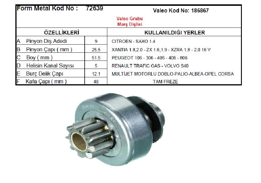Marş Dişlisi Valeo Tipi 9 Dış 1.3 CDTI Multijet 186938 Peug 106-206-306-406 (03) Cıtr Xantıa-Xsara-Sa | OEM 72639