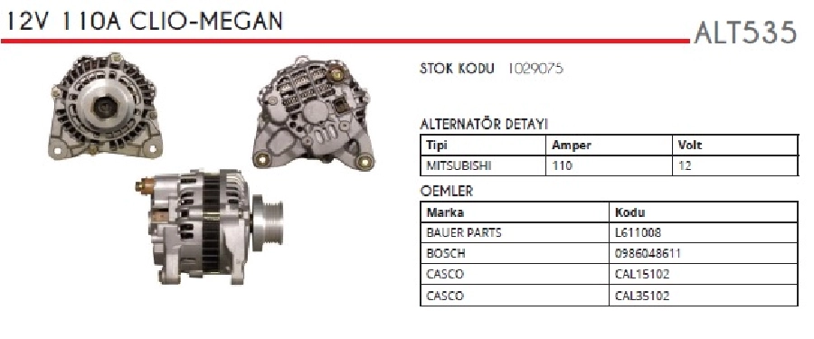 Alternatör 12V 110A Mitsubishi Tipi Clio 2 1,5DCİ-KANGO 1.5DCİ-Mıcra 1,5 5 Kanallı Kavçuklu Kasnak Çift Soke | OEM ALT535