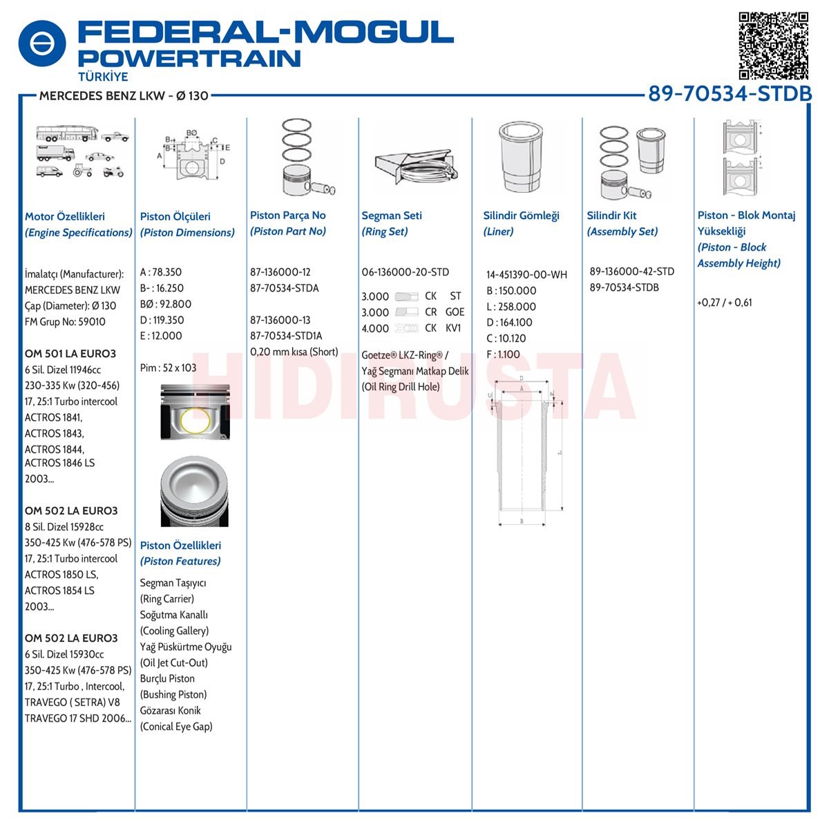 Piston Set 130.00mm Actros 501, 502, Travego 502 Euro 2-3 (Euro 4-5 Gömlekli) (Std, Burçlu Tip) | OEM A5410505137