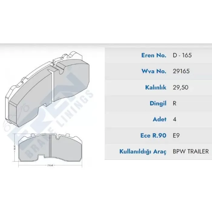 On Fren Balata Mercedes Atego Centikli | BRAKE POINT BP-D.165 M290 | OEM 29165