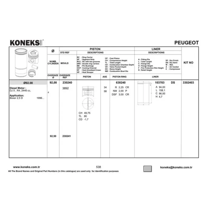 Piston+Segman 92MM Std Boxer 2.5 D (DJ5) | KONEKS 230240 | OEM 0628J9