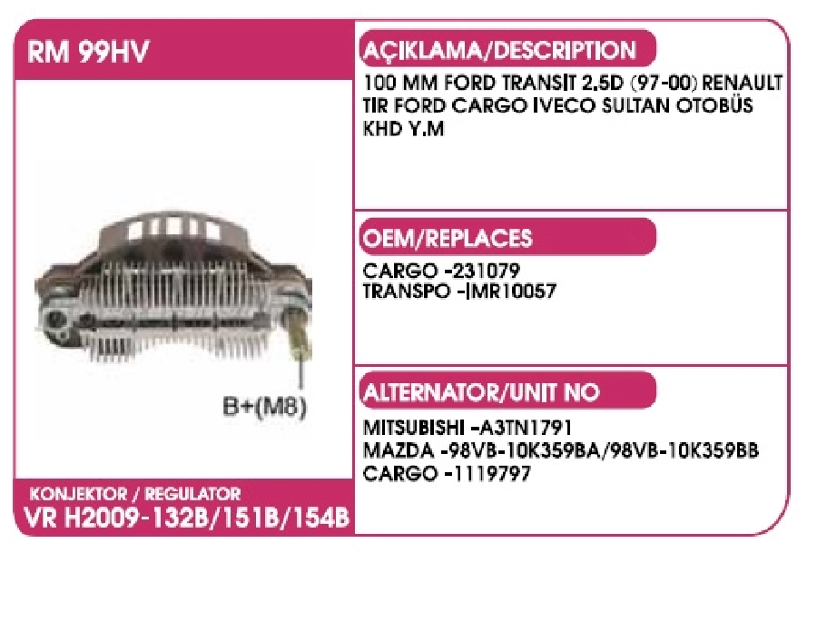 Diyot Tablası Mitsubishi Tip 100 2000 Peugeot Boxer, Ford Transit 2.5D (97-00) | OEM RM99HV
